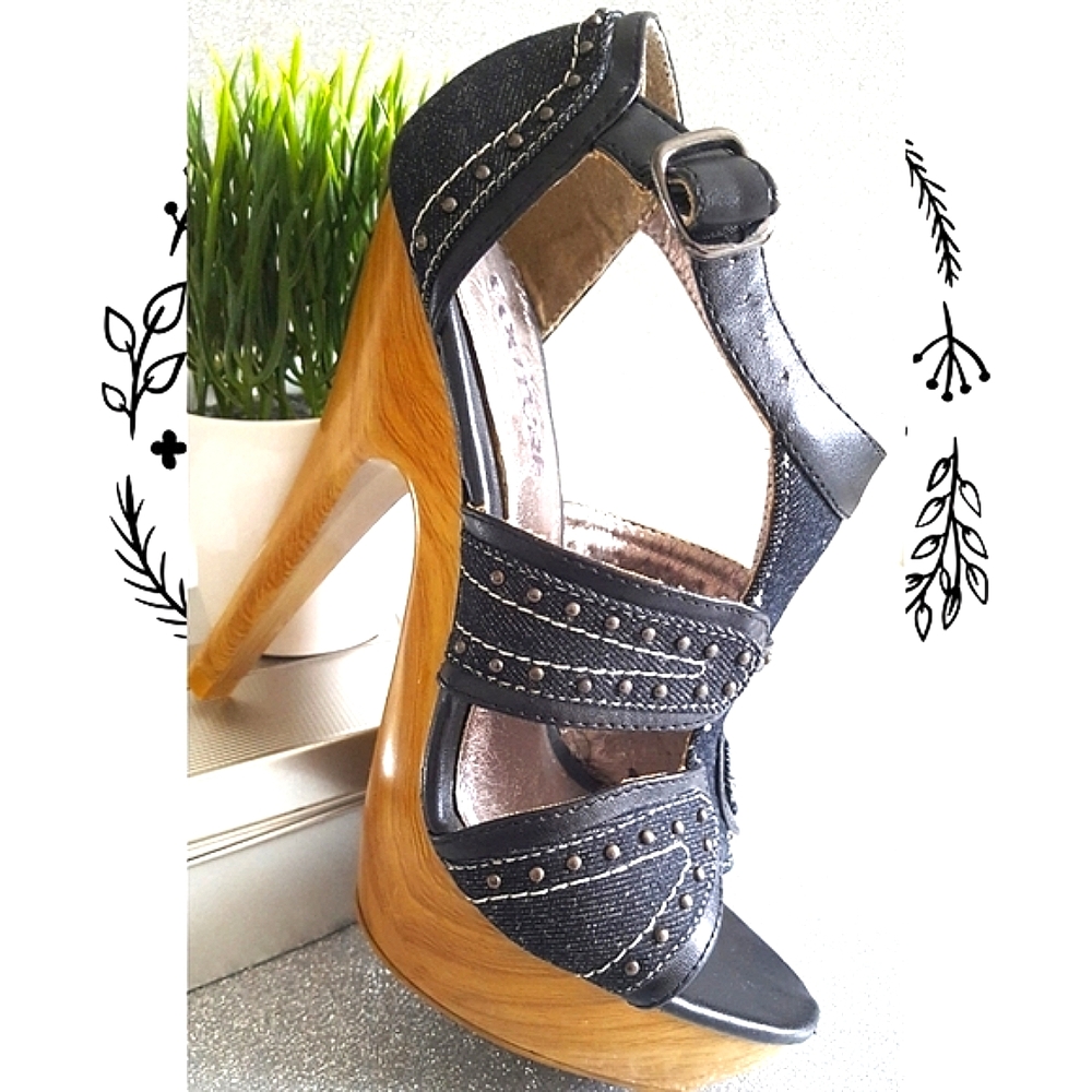90's-Y2K🔥CLUB COUTURE💙Open Toe Blue Denim Stud Platform Heels